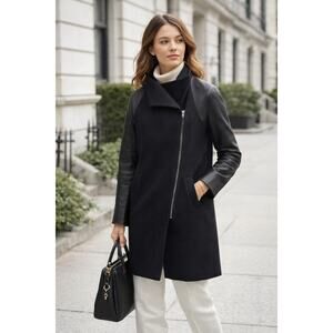 J.Crew Wool Blend, Faux Leather Asymmetrical Funnelneck Coat in Black, Size 2